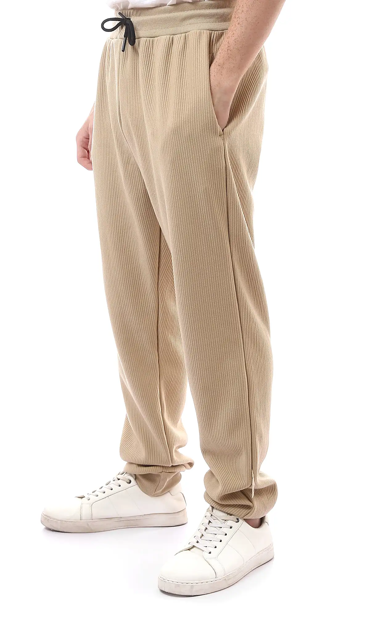 O176391 Sand Beige Ribbed Jogger Pants With Elastic Waist