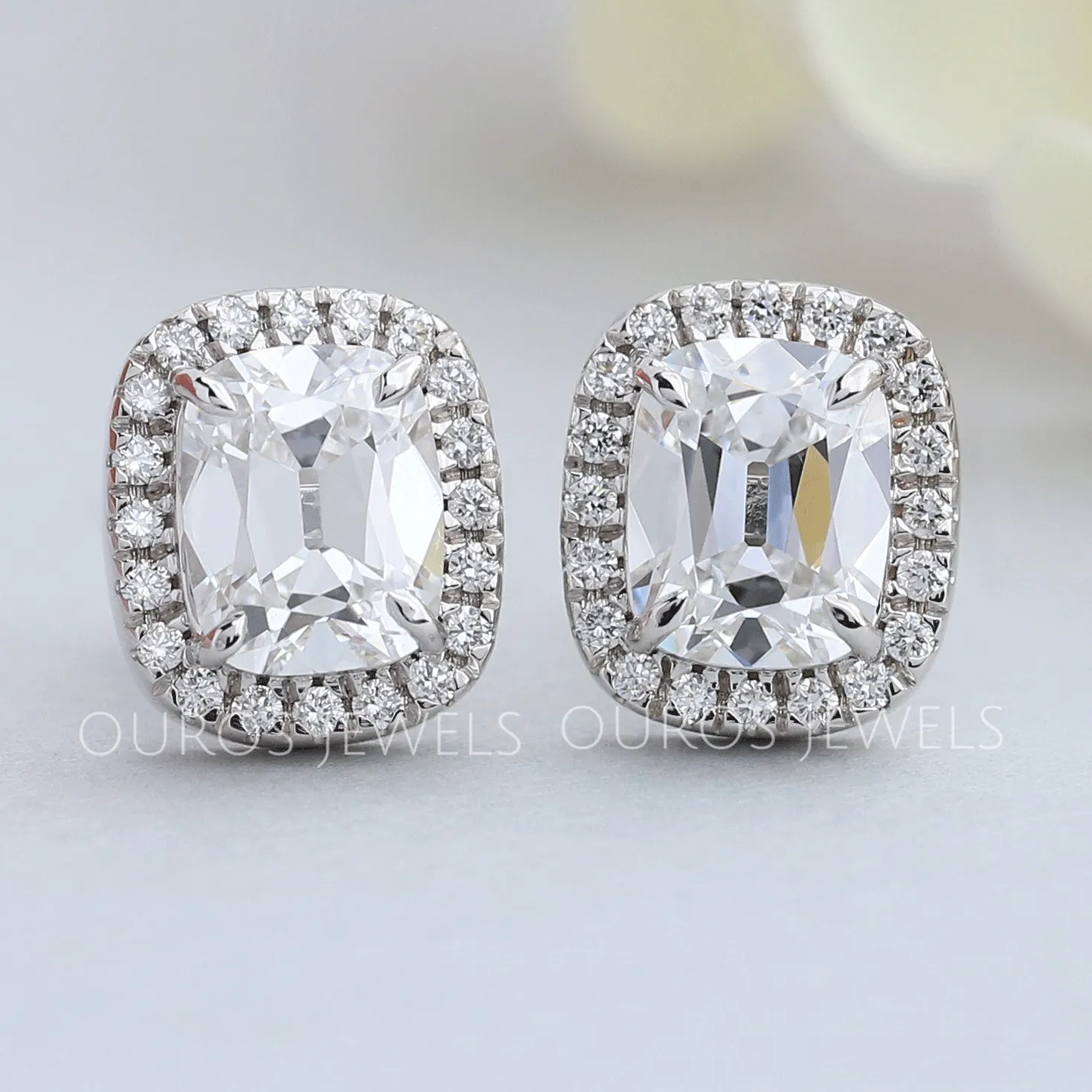 Old Mine Cushion Cut Halo Stud Earrings