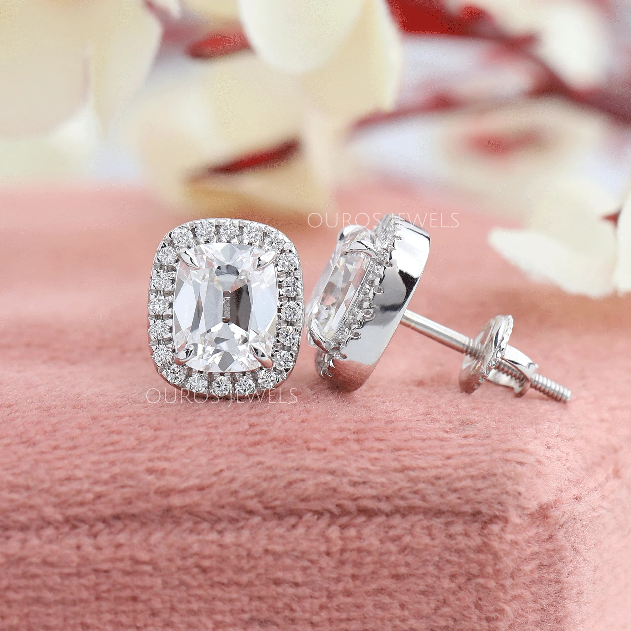 Old Mine Cushion Cut Halo Stud Earrings