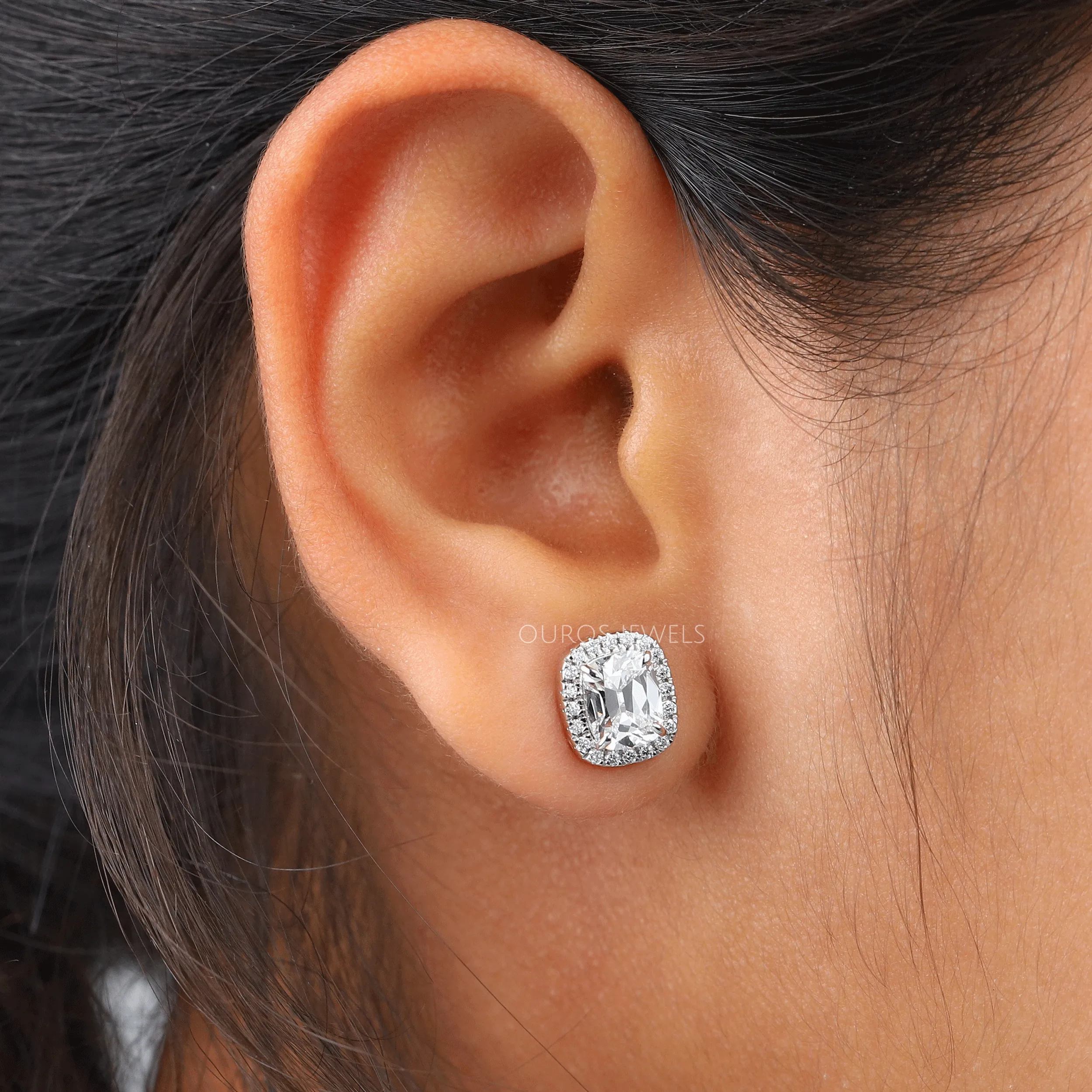 Old Mine Cushion Cut Halo Stud Earrings