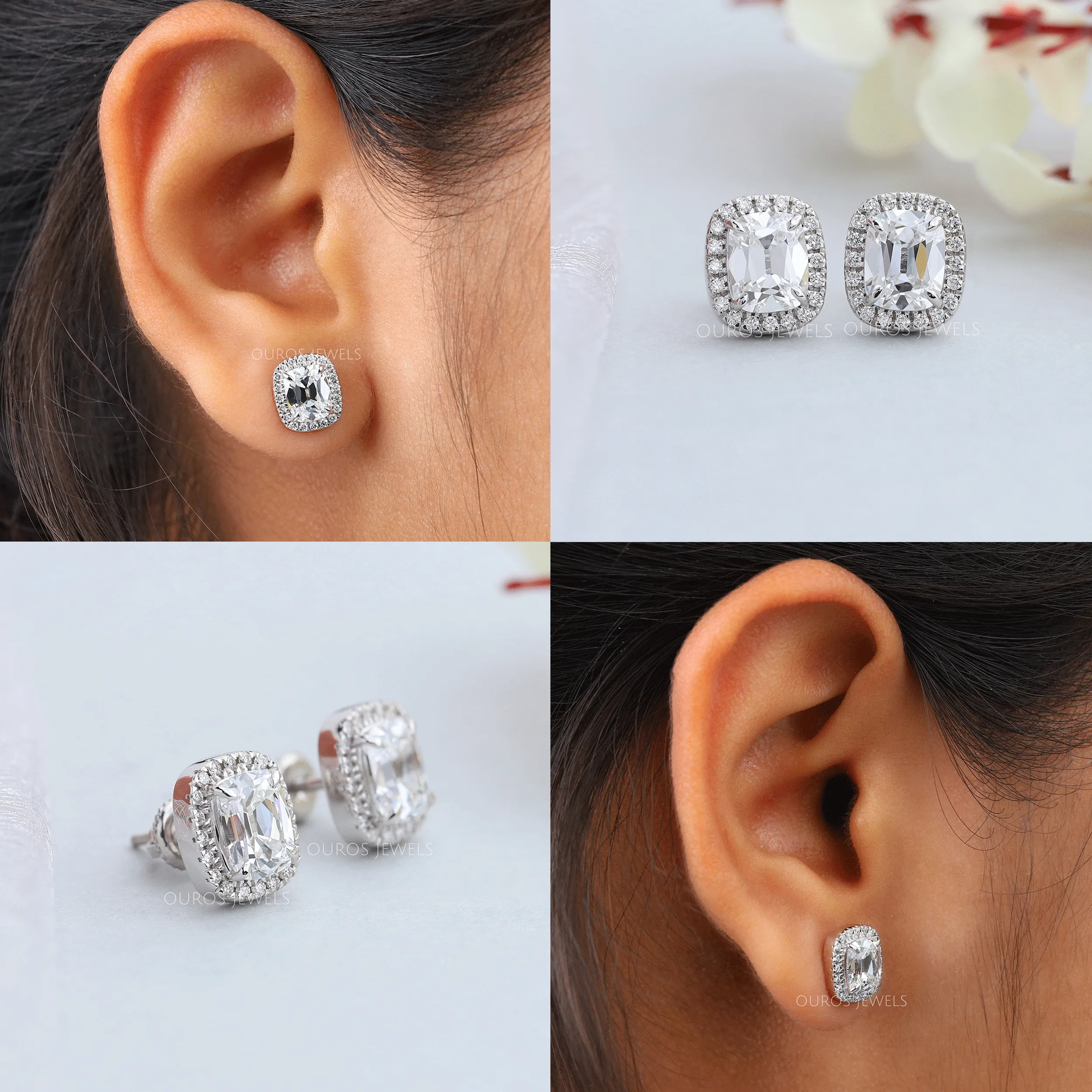 Old Mine Cushion Cut Halo Stud Earrings