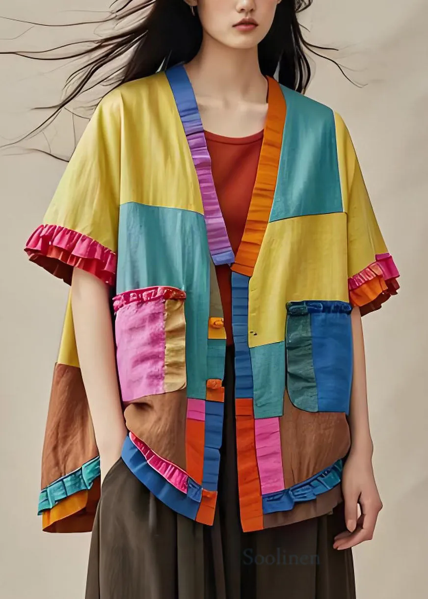 Organic Colorblock Ruffled Pockets Patchwork Cotton Cardigans Coat Summer