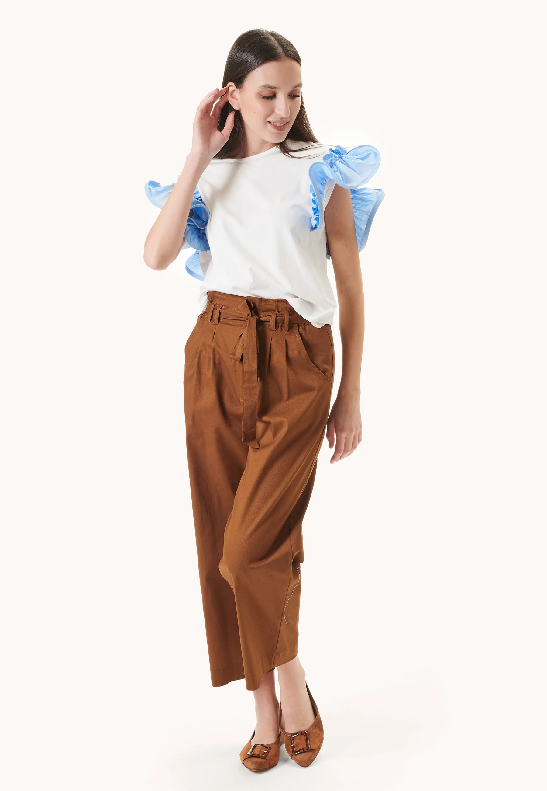 Pantalone cropped con vita arricciata