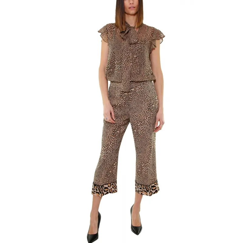 PANTALONE CROPPED IN CREPE ANIMALIER, NERO