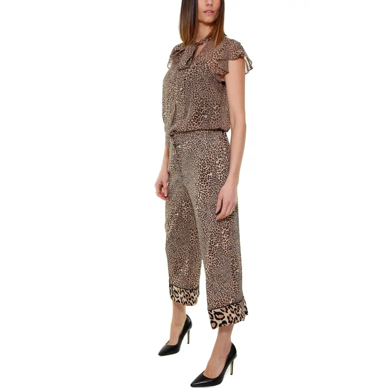 PANTALONE CROPPED IN CREPE ANIMALIER, NERO