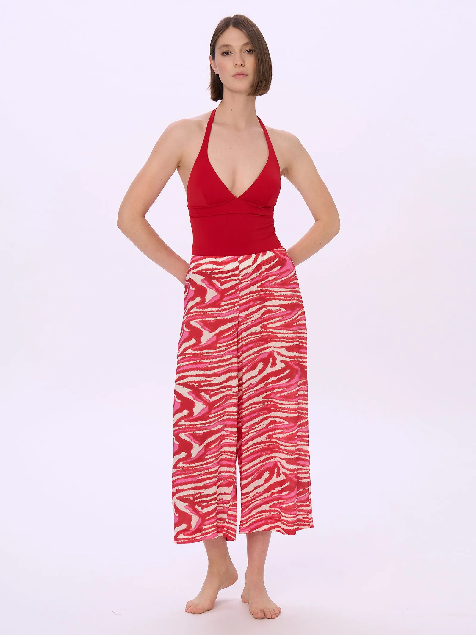 Pantalone Cropped in Viscosa Summer - Fant. Ribbon Red