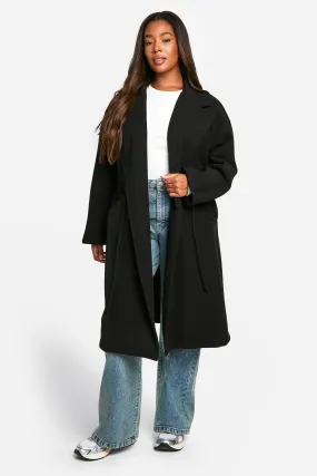 Plus Drawstring Waist Wool Look Coat