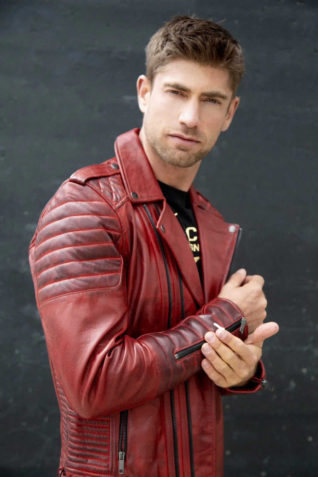 Red Leather Jacket Mens | Quilted Red Motorcycle Jacket