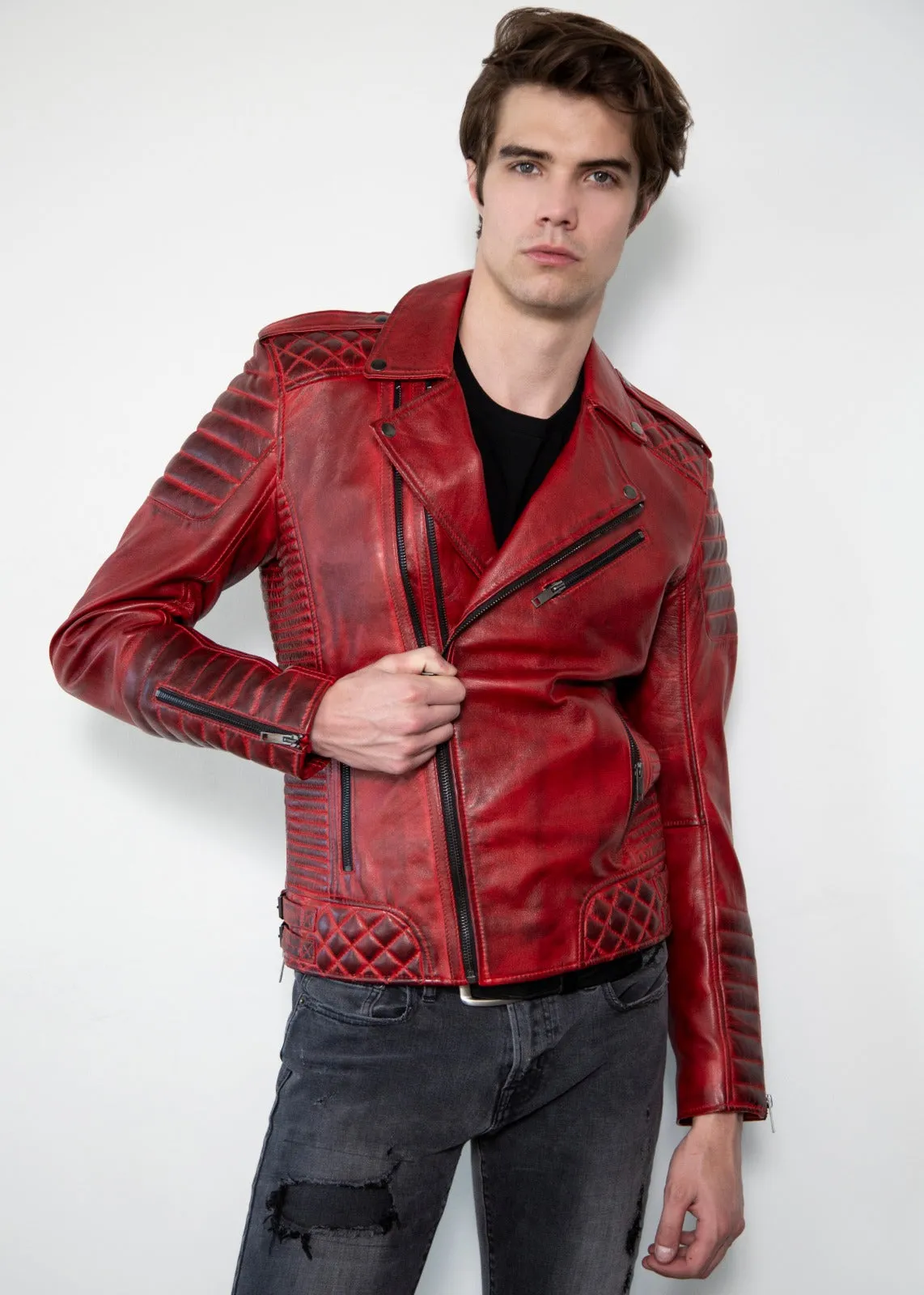 Red Leather Jacket Mens | Quilted Red Motorcycle Jacket