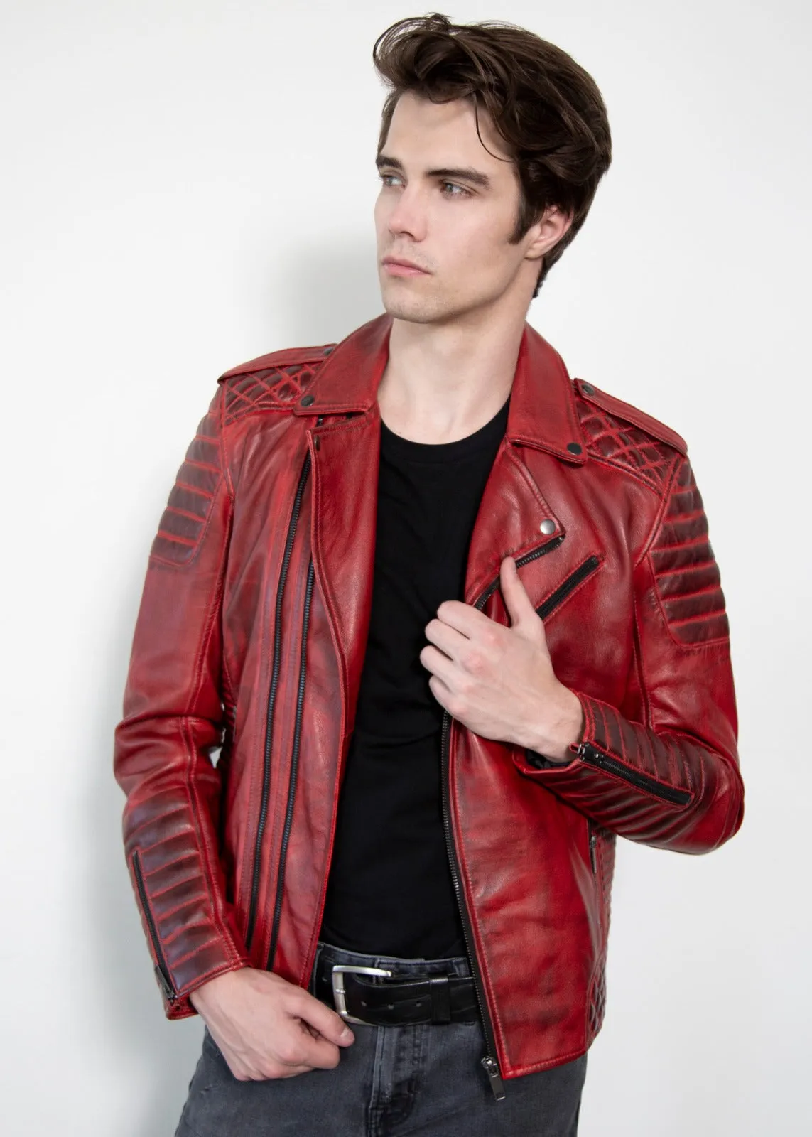 Red Leather Jacket Mens | Quilted Red Motorcycle Jacket