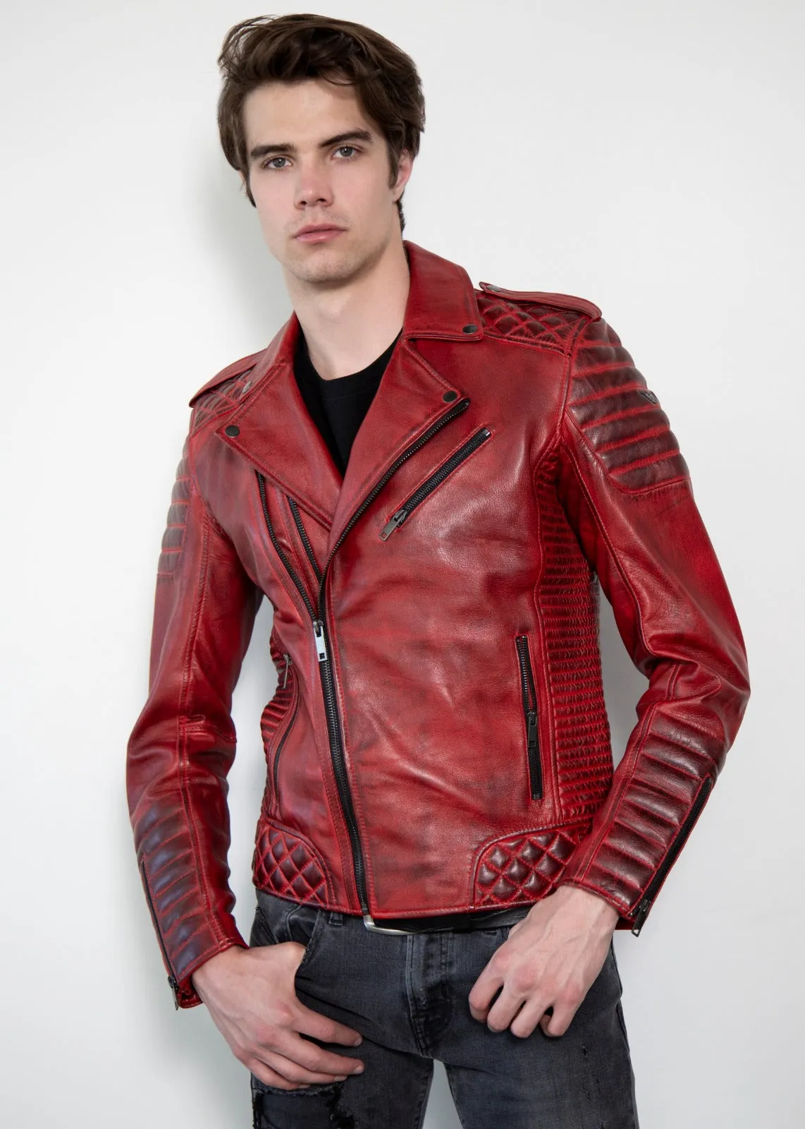 Red Leather Jacket Mens | Quilted Red Motorcycle Jacket