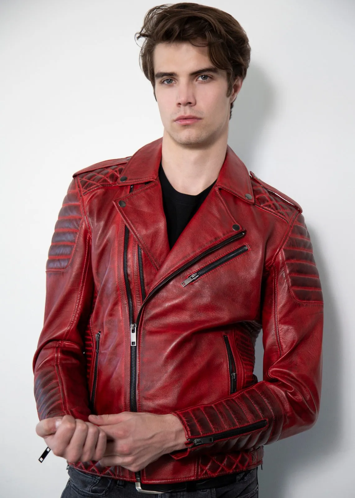 Red Leather Jacket Mens | Quilted Red Motorcycle Jacket