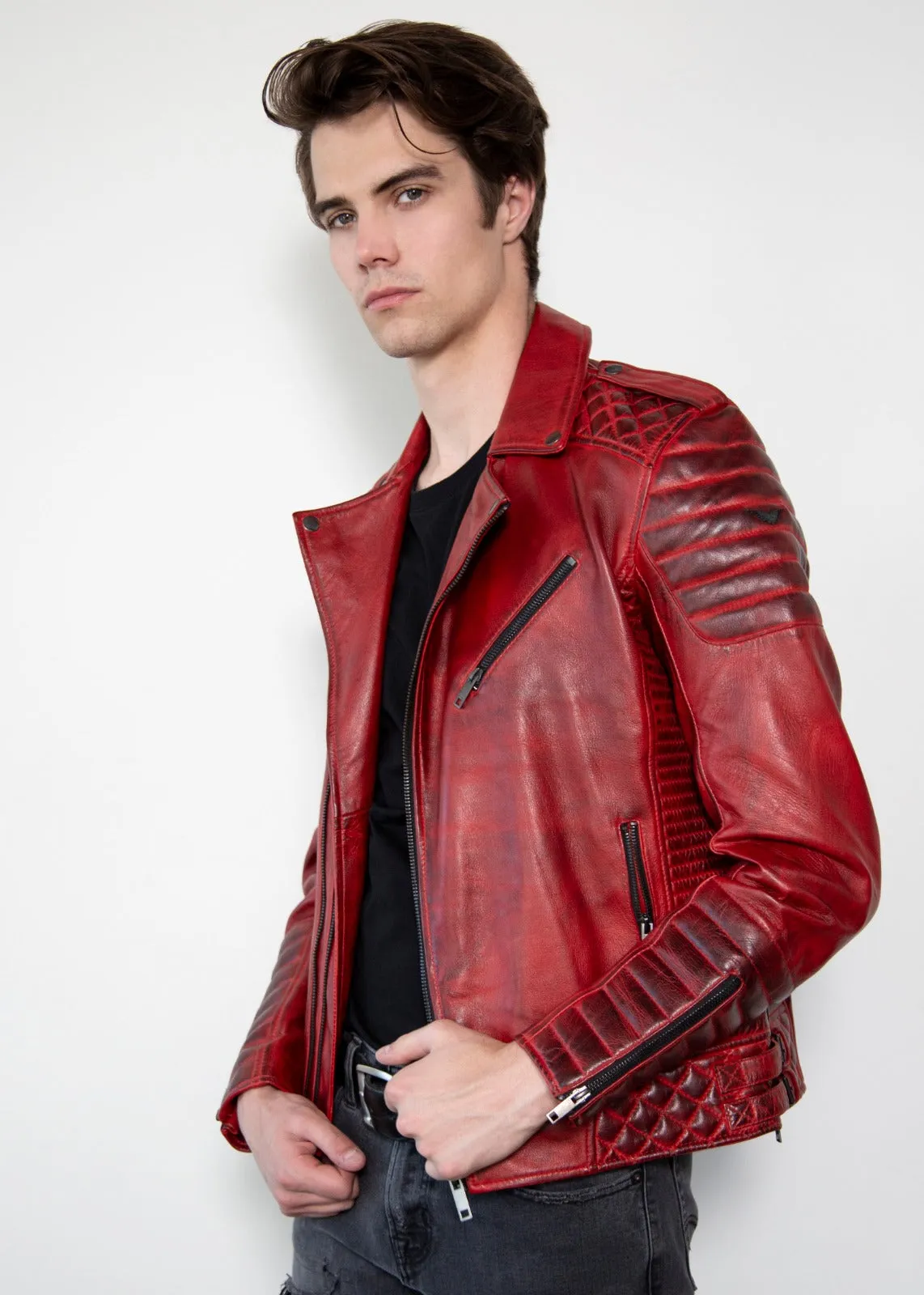 Red Leather Jacket Mens | Quilted Red Motorcycle Jacket