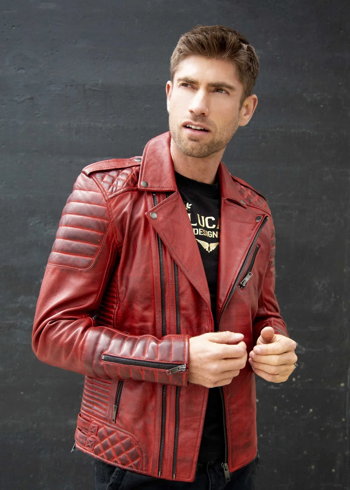 Red Leather Jacket Mens | Quilted Red Motorcycle Jacket