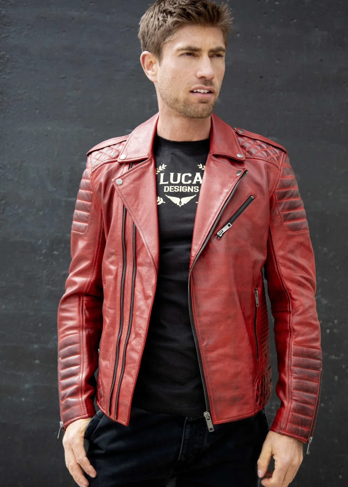 Red Leather Jacket Mens | Quilted Red Motorcycle Jacket