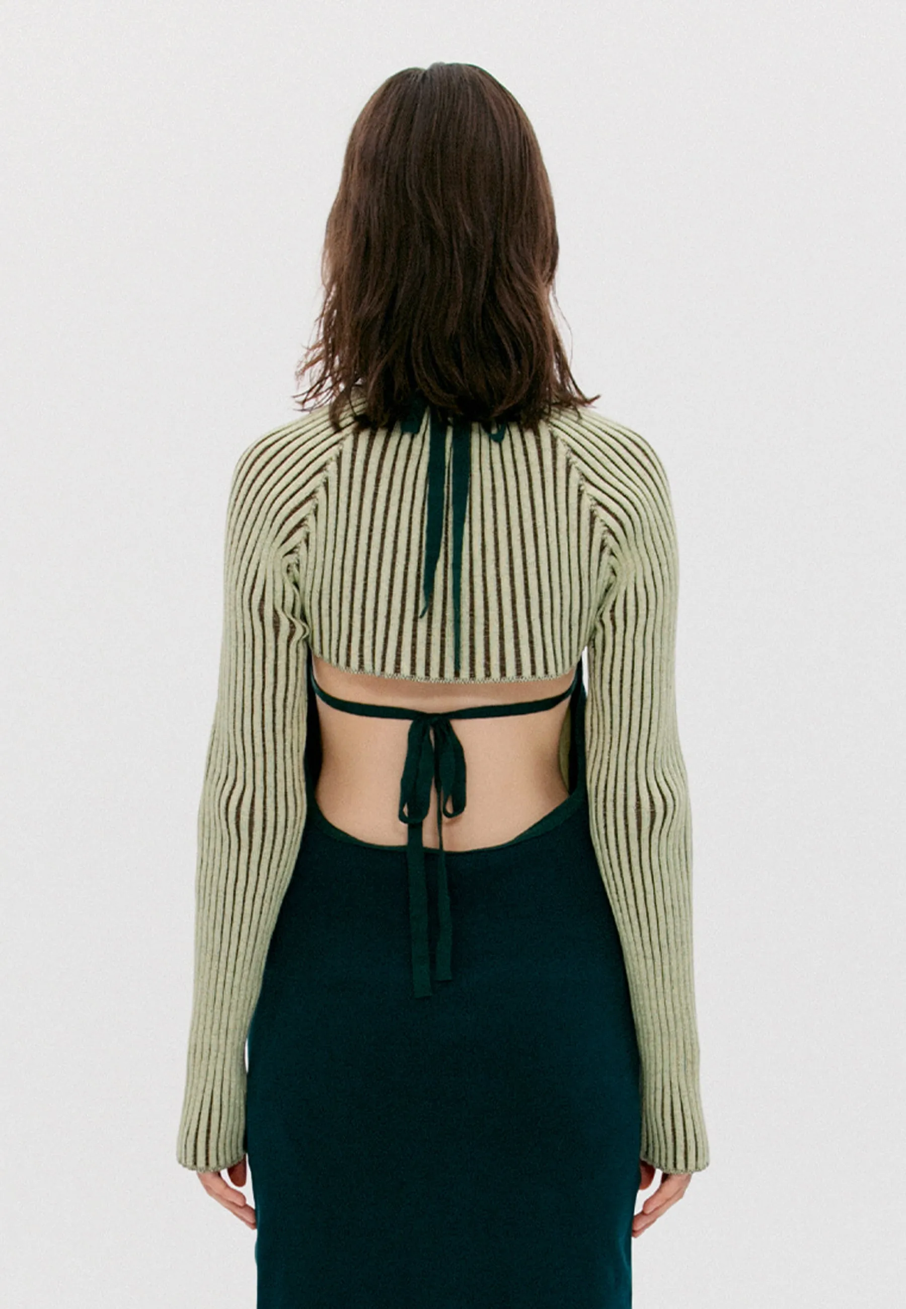 Ribbed Fitted Bolero Cardigan - green