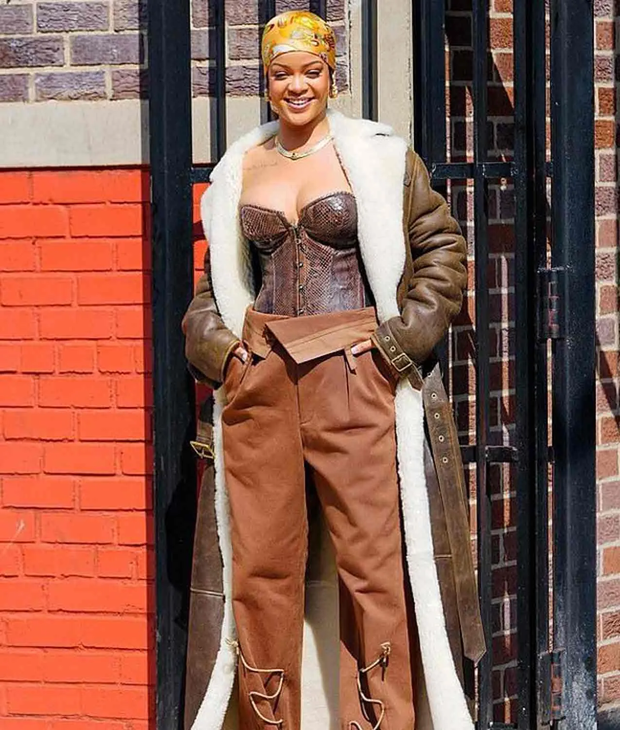 Rihanna Long Shearling Leather Coat | Brown Trench Coat