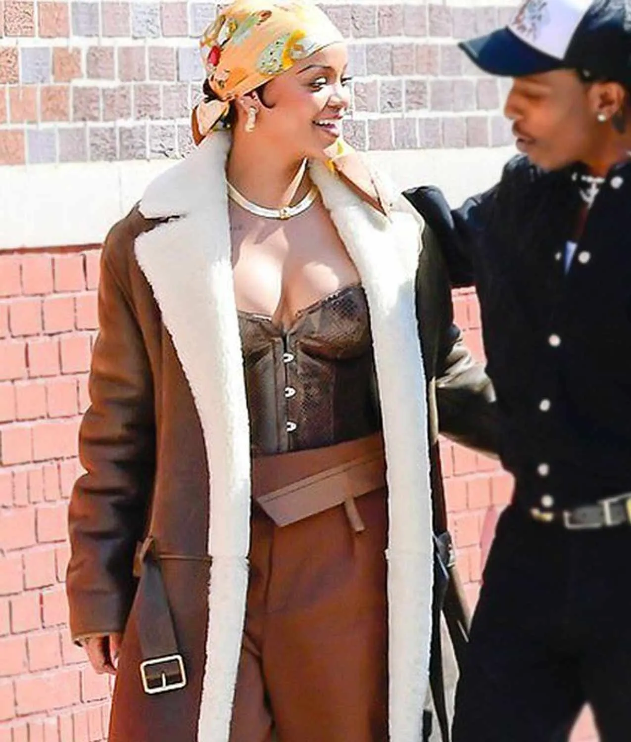 Rihanna Long Shearling Leather Coat | Brown Trench Coat