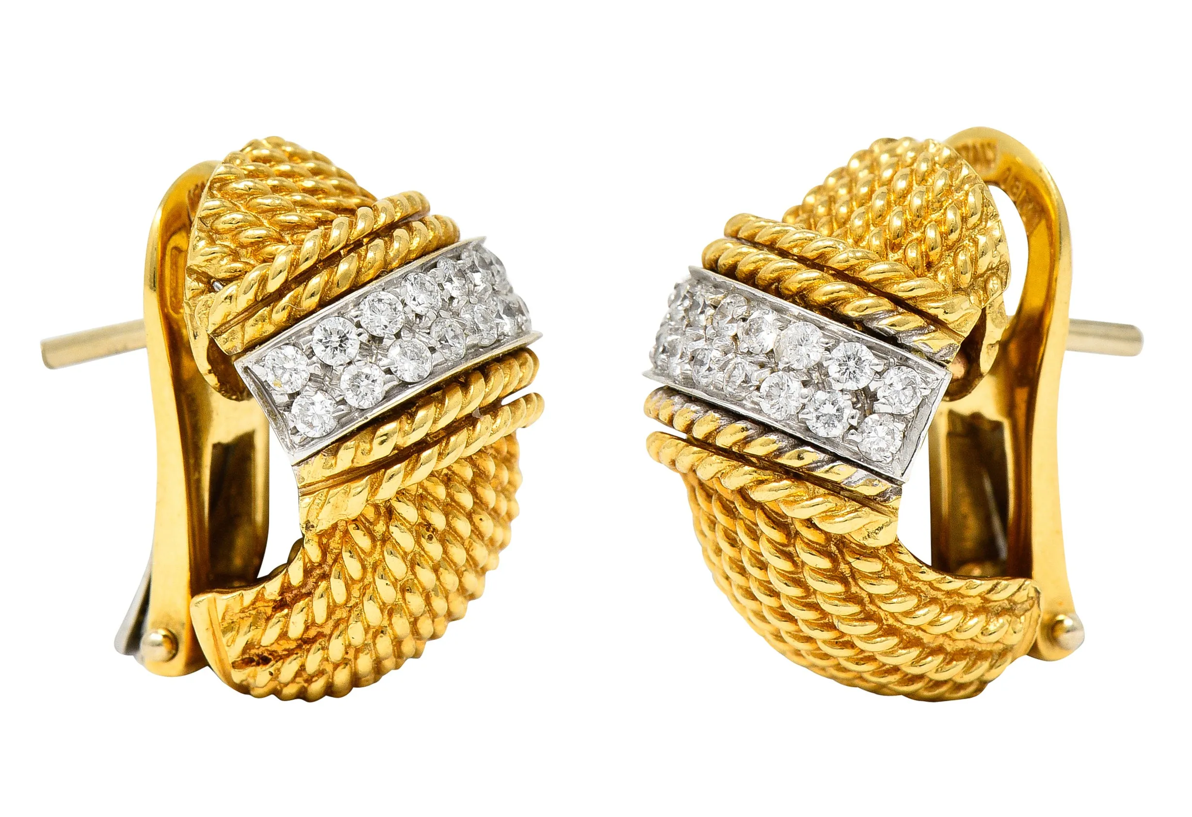 Roberto Coin Italian Pave Diamond 18 Karat Two-Tone Gold Roman Barocco Earrings