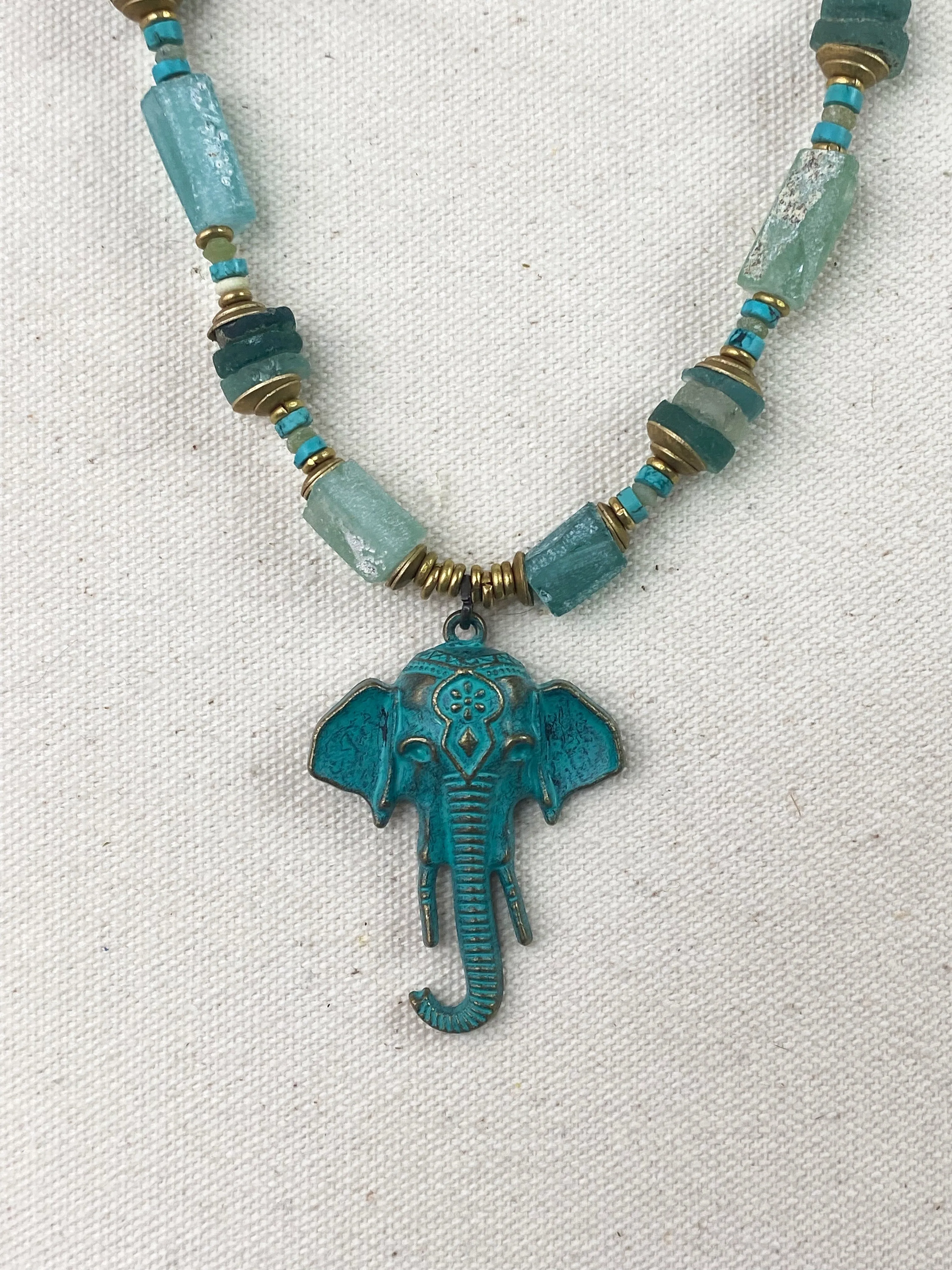 Roman glass,  african brass, elephant, necklace