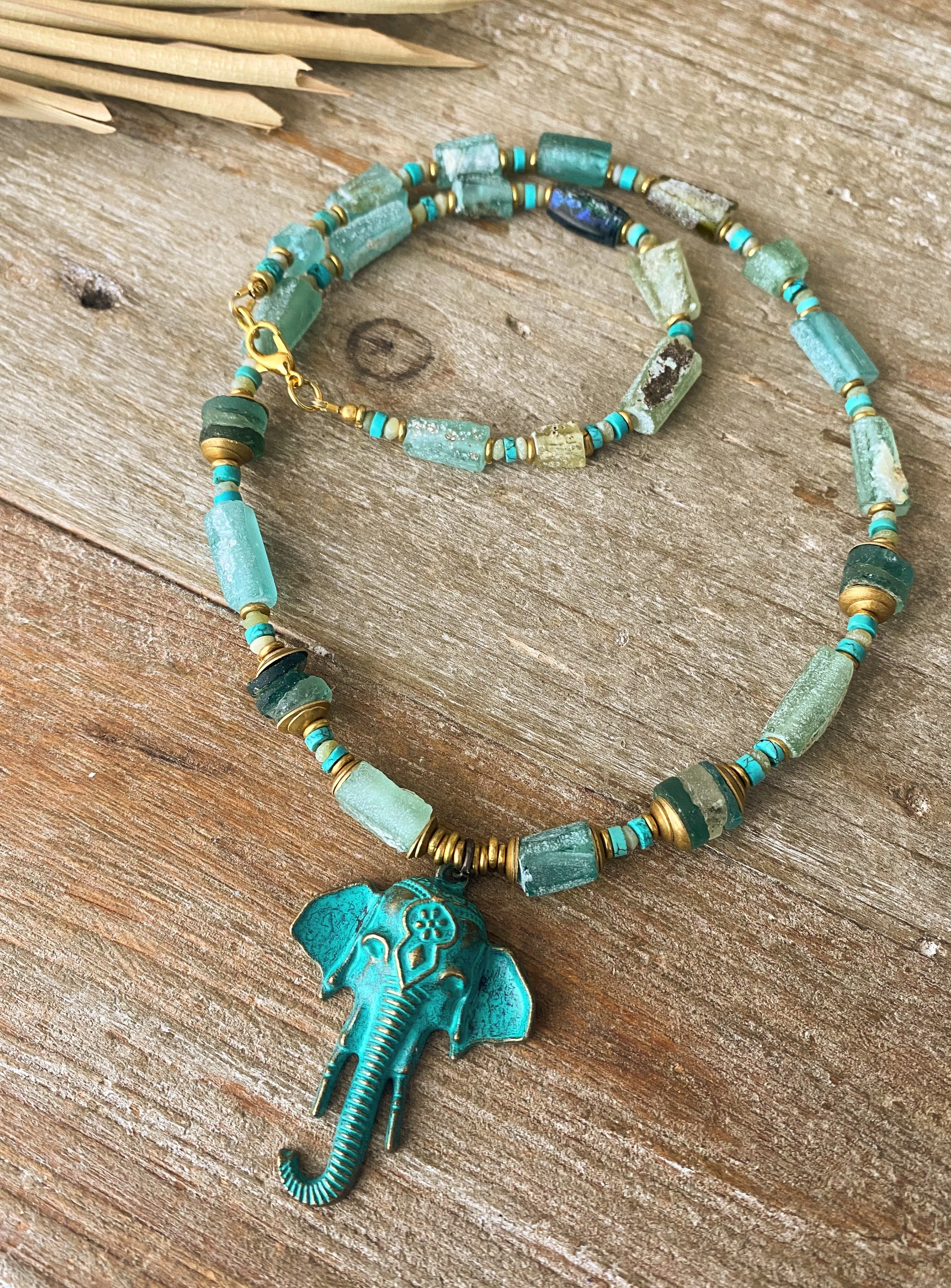 Roman glass,  african brass, elephant, necklace