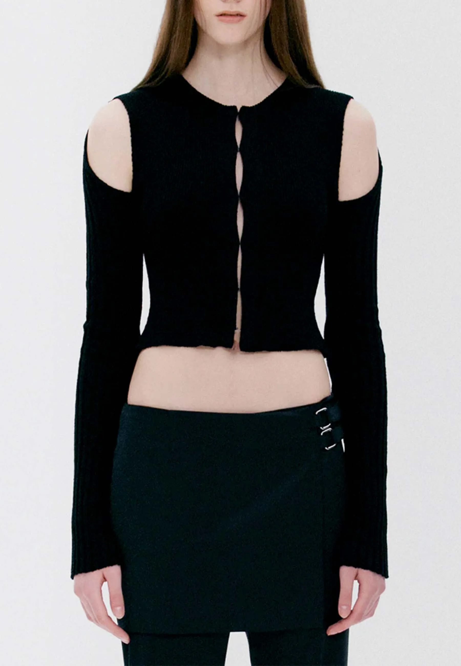 Shoulder Cut Fitted Cardigan - black