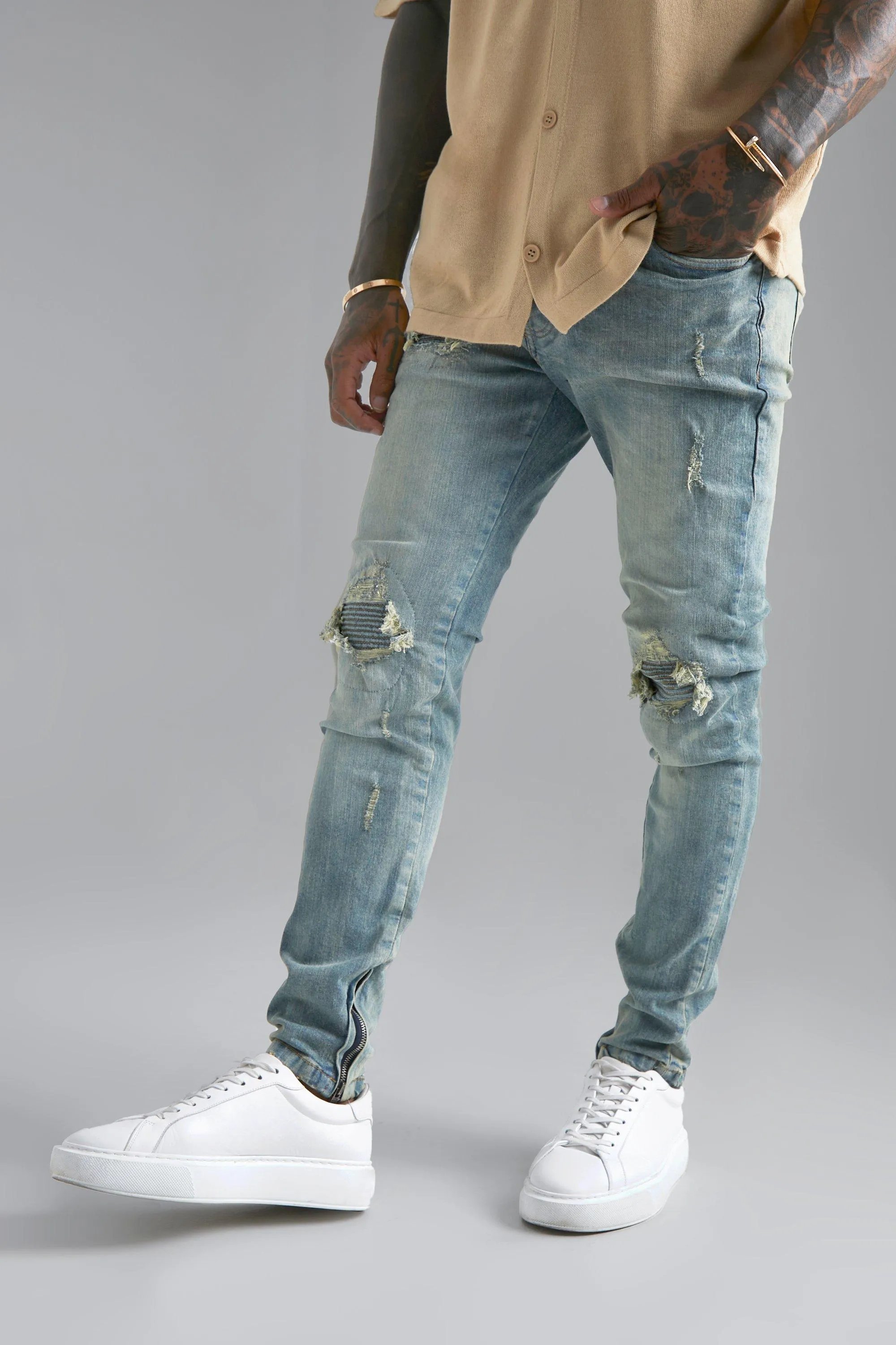 Skinny Stretch Rip And Repair Biker Jeans