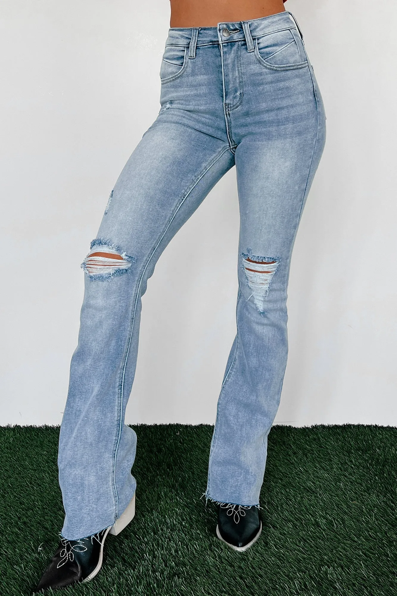 Solana High Rise Distressed Flare Jeans (Light Denim)