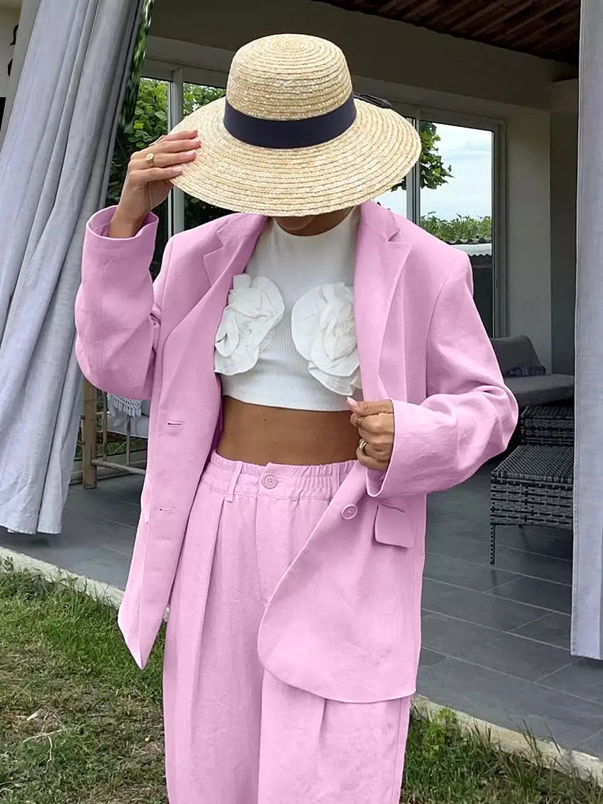 Sustain Loose Pink Cotton 2 Piece Sets Women Outfit 2024 Elegant Long Sleeve Blazer With High Waist Wide Pants Set Female