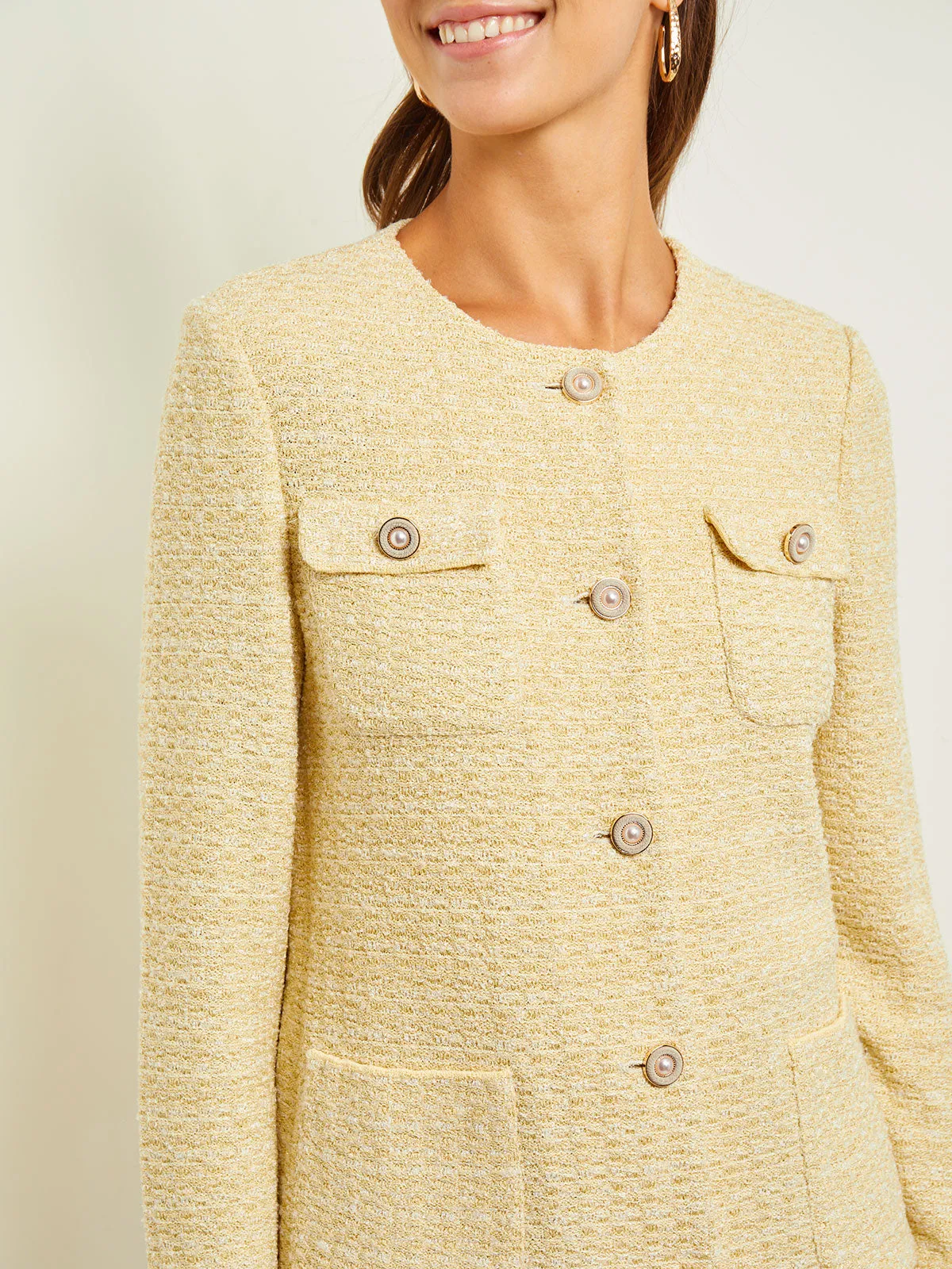 Tailored Fit Pearl Button Front Jacket - Soft Tweed Knit