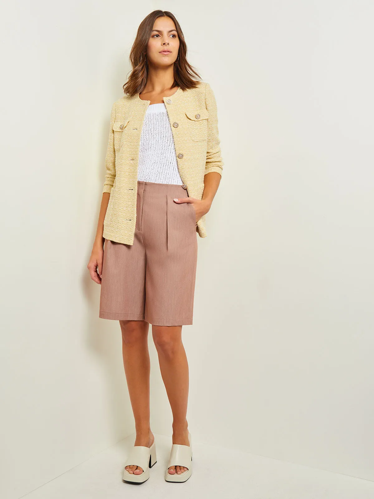 Tailored Fit Pearl Button Front Jacket - Soft Tweed Knit