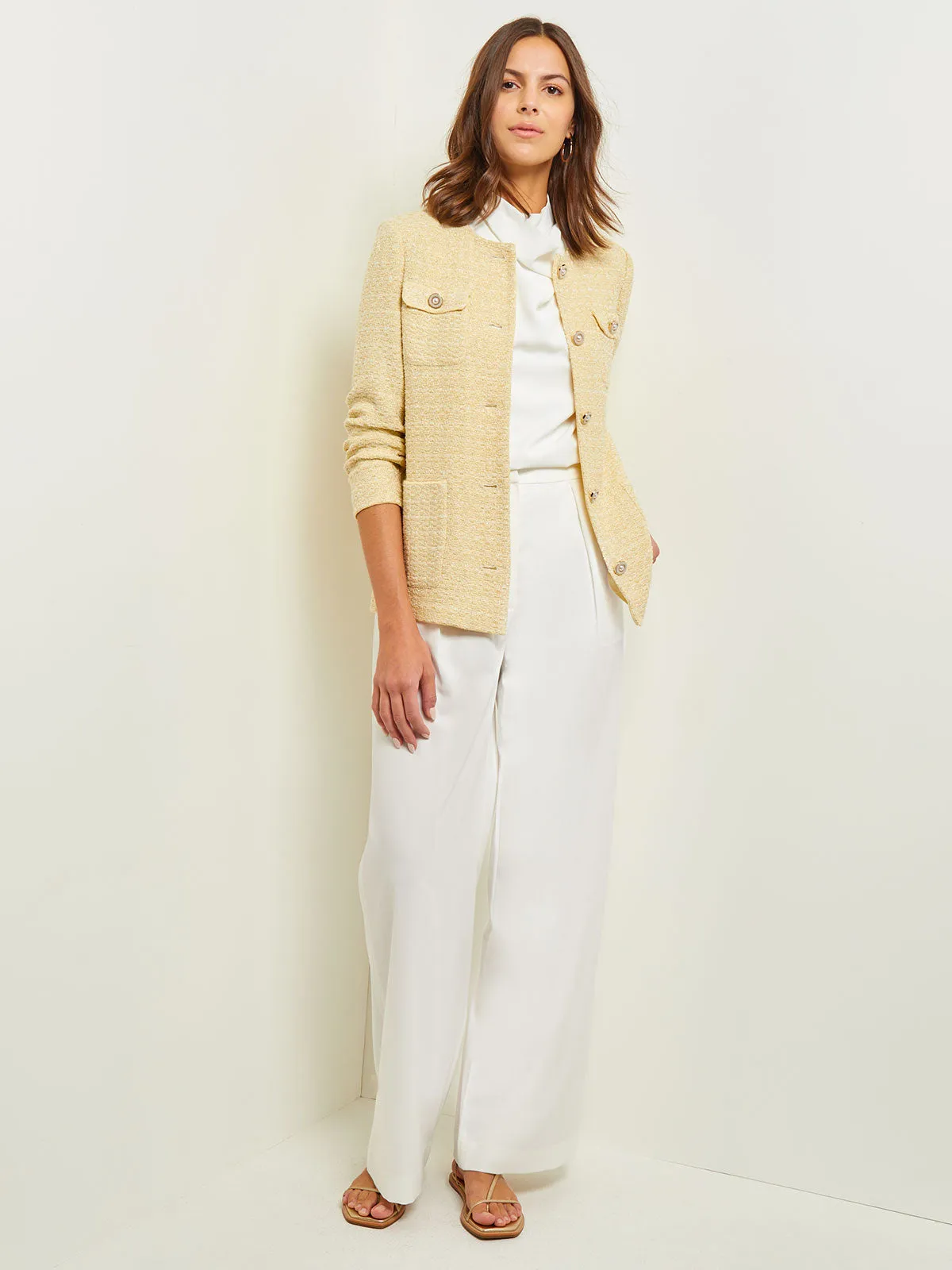 Tailored Fit Pearl Button Front Jacket - Soft Tweed Knit