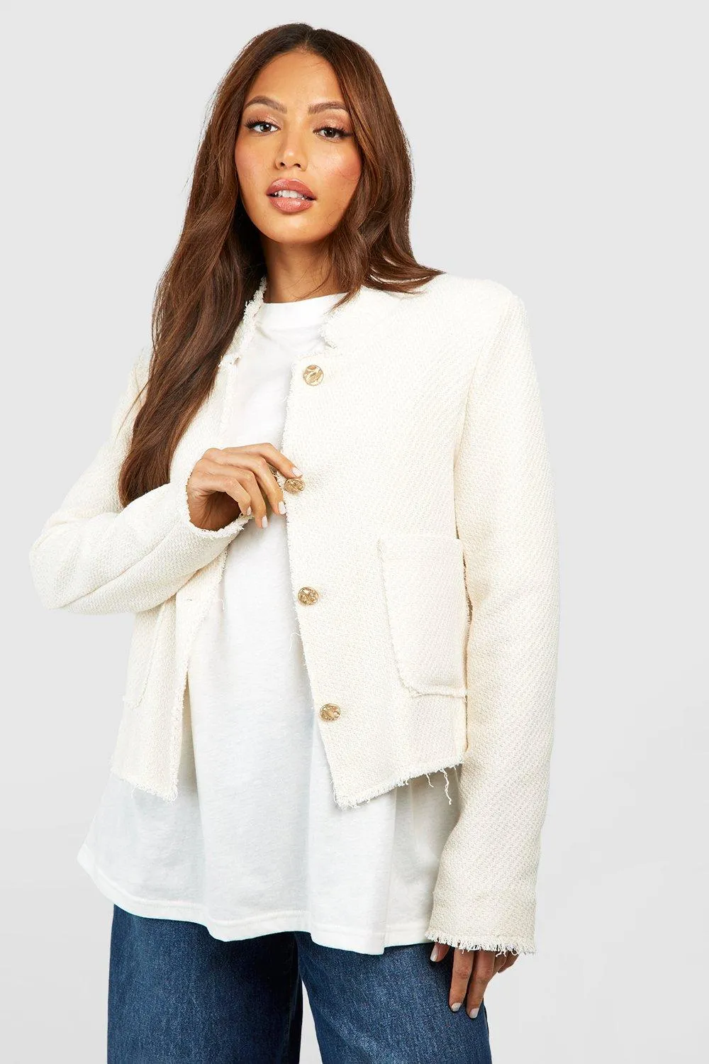 Tall Boucle Shoulder Pad Frayed Detail Jacket