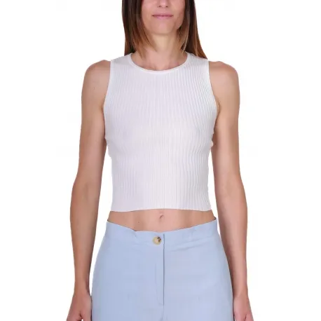 TOP CROPPED IN MAGLIA A COSTINE, BIANCO