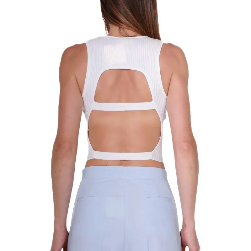 TOP CROPPED IN MAGLIA A COSTINE, BIANCO