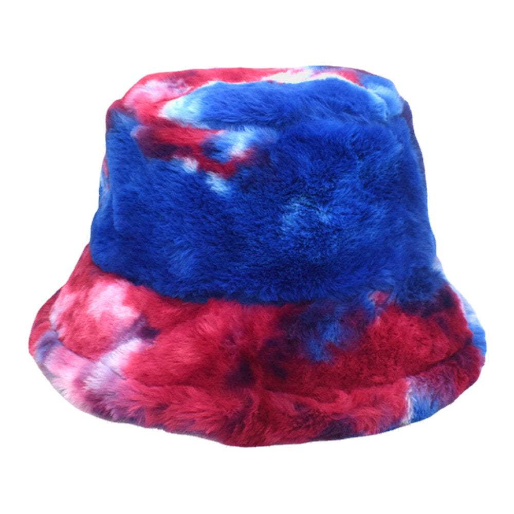 Unisex Faux Rabbit Fur Colorful Gradient Tie-dye Bucket Hat Winter Thicken Warmth Windproof Fashion Sunshade Hat