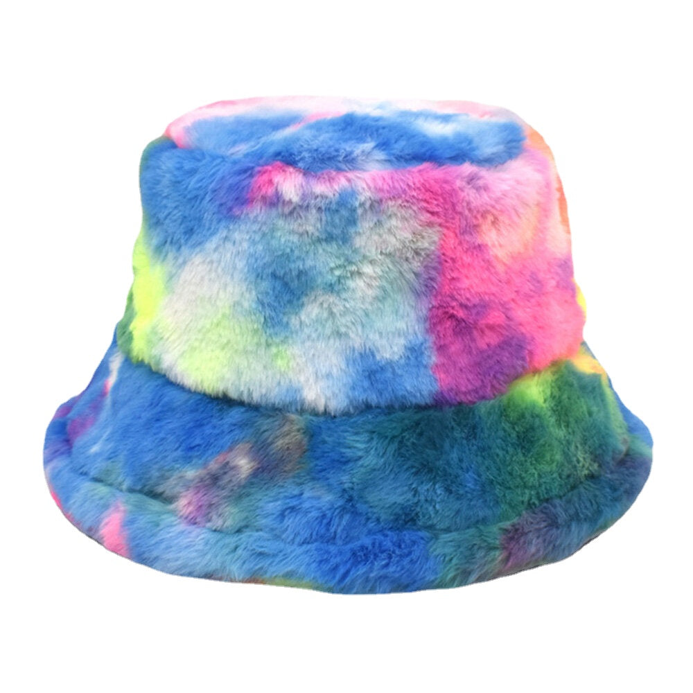 Unisex Faux Rabbit Fur Colorful Gradient Tie-dye Bucket Hat Winter Thicken Warmth Windproof Fashion Sunshade Hat