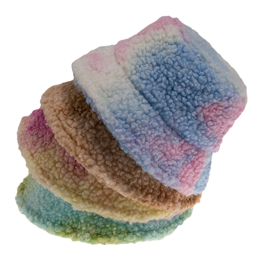 Unisex Felt Lamb Hair Tie-dye Plus Thicken Warm Windproof Soft Bucket Hat