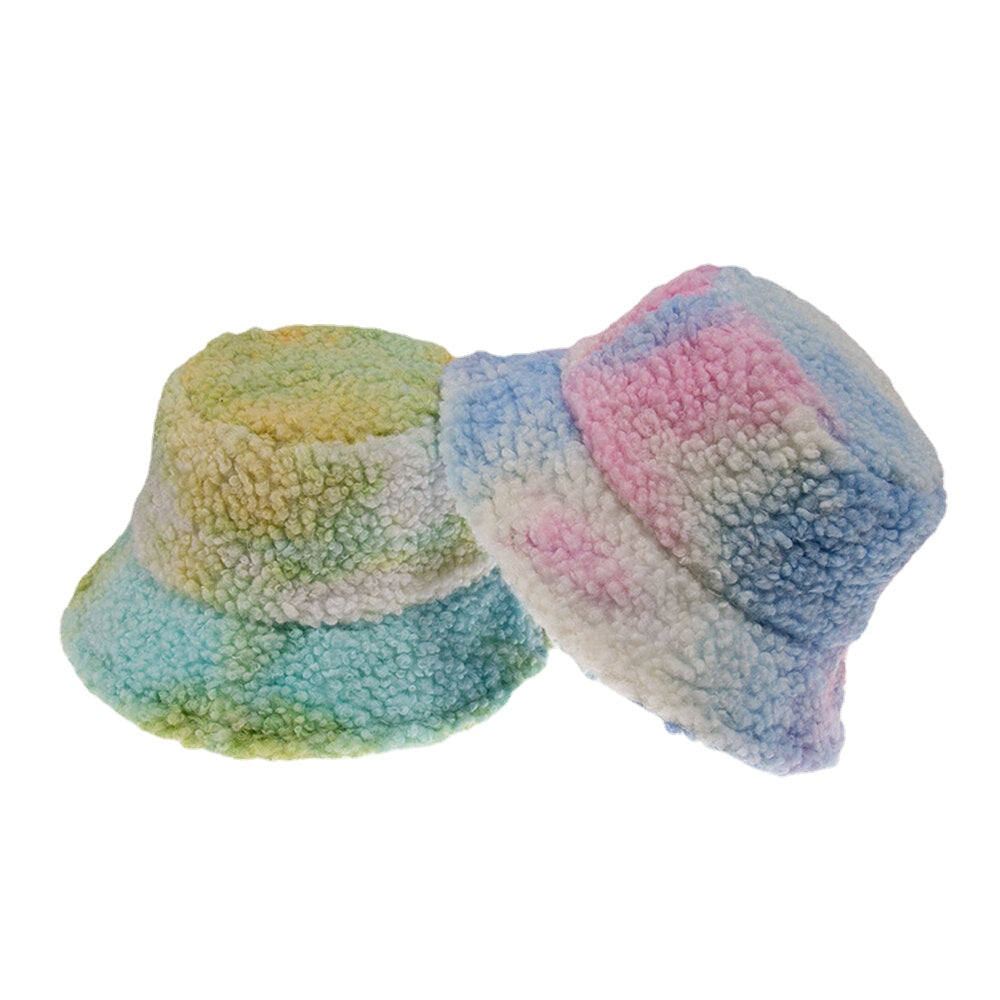 Unisex Felt Lamb Hair Tie-dye Plus Thicken Warm Windproof Soft Bucket Hat