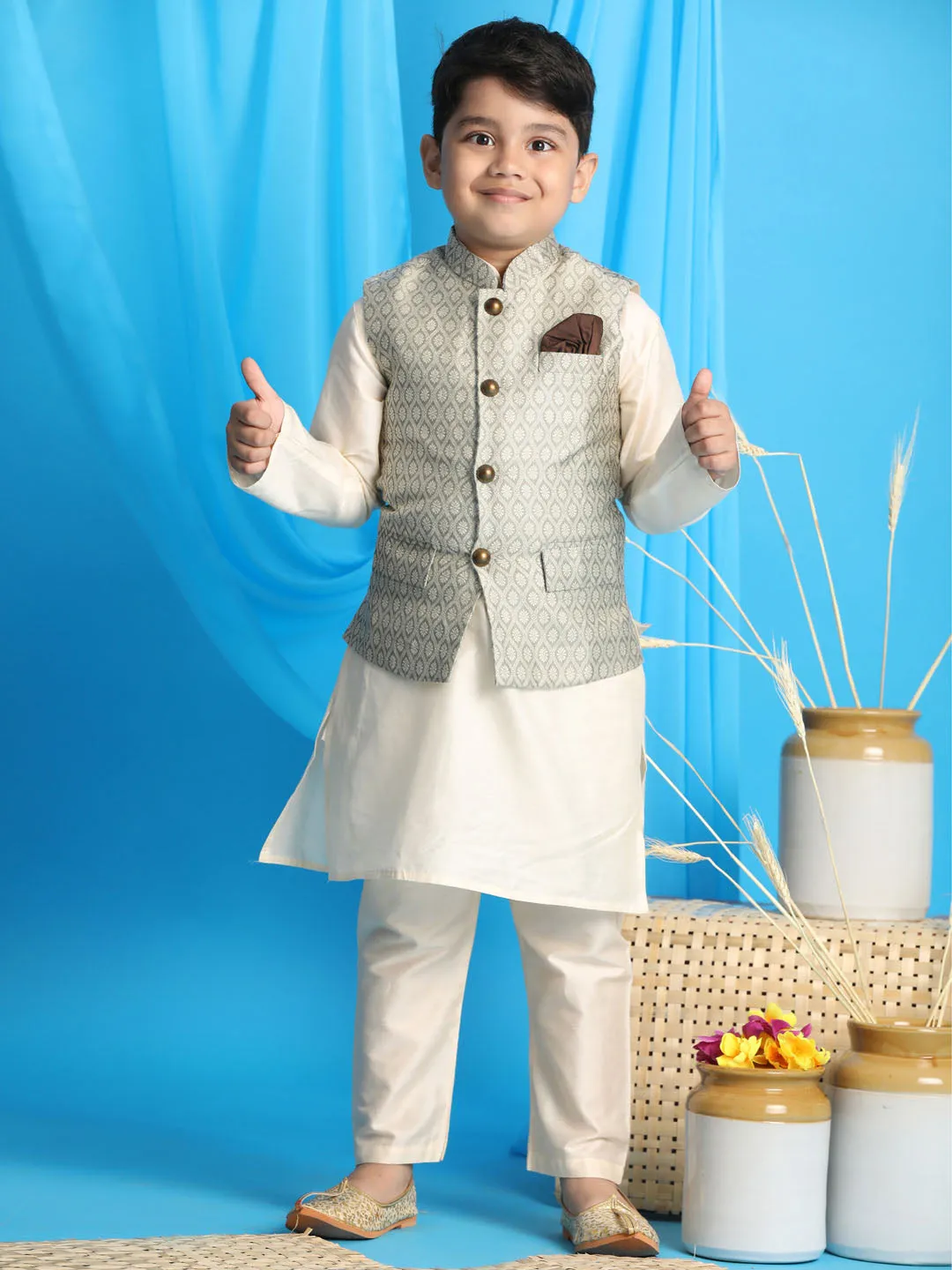 VASTRAMAY Boy's Beige Woven Jacket With Cream Kurta and Pyjama Set