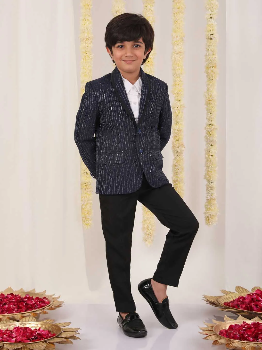 VASTRAMAY Boy's Blue Sequined Blazer