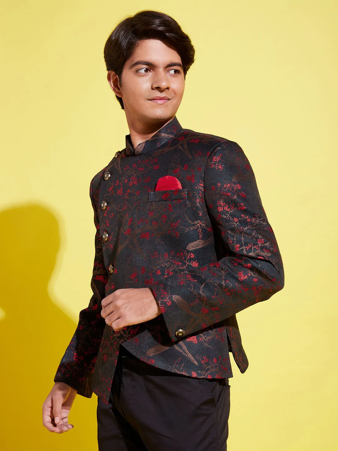 VASTRAMAY Boys Maroon Woven Design Silk Blend Bandhgala Blazer