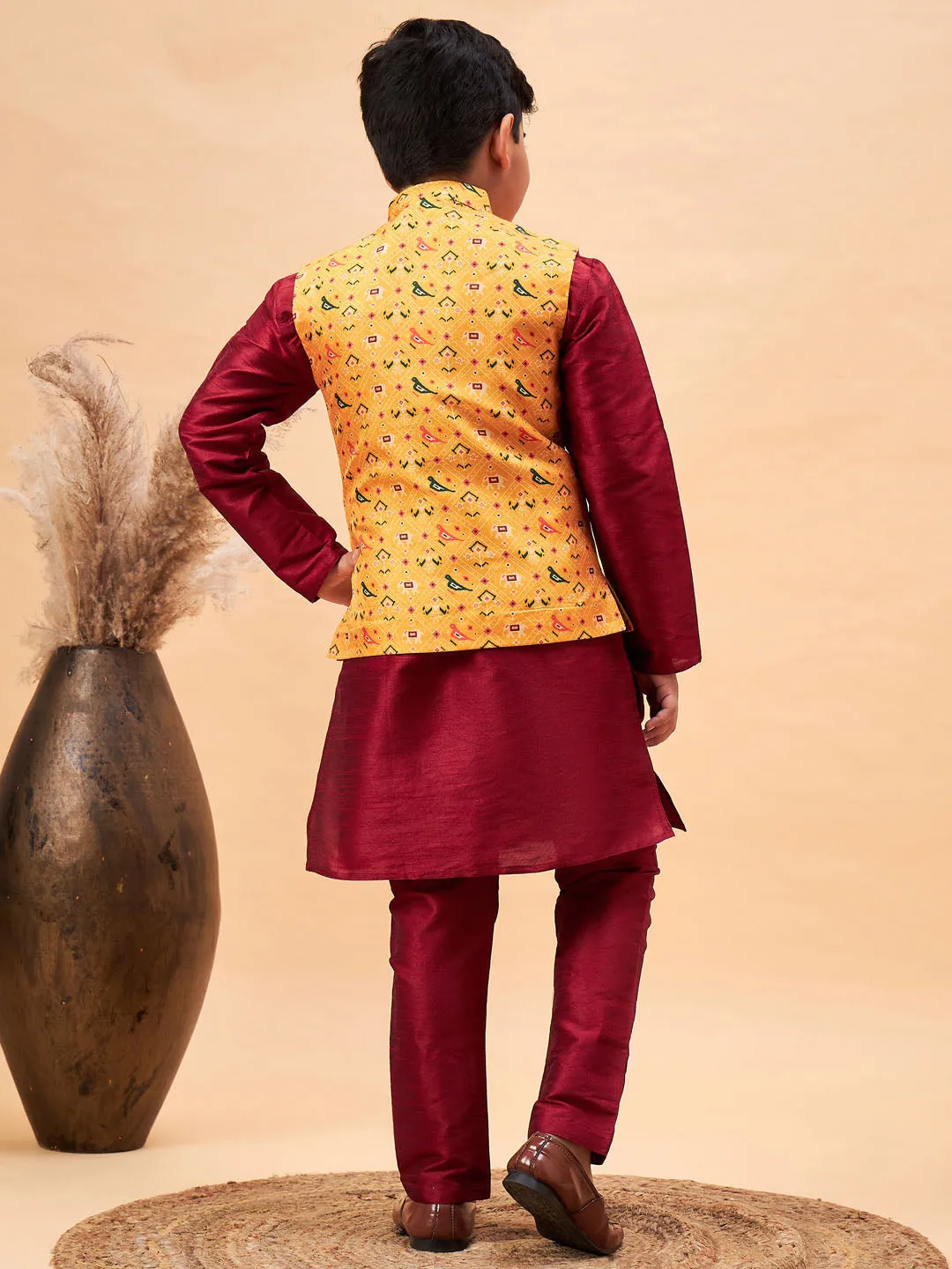 VASTRAMAY Boy's Yellow Ethnic Printed Jacket With Maroon Kurta and Pyjama Set