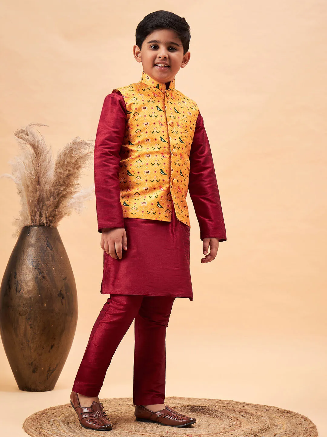 VASTRAMAY Boy's Yellow Ethnic Printed Jacket With Maroon Kurta and Pyjama Set