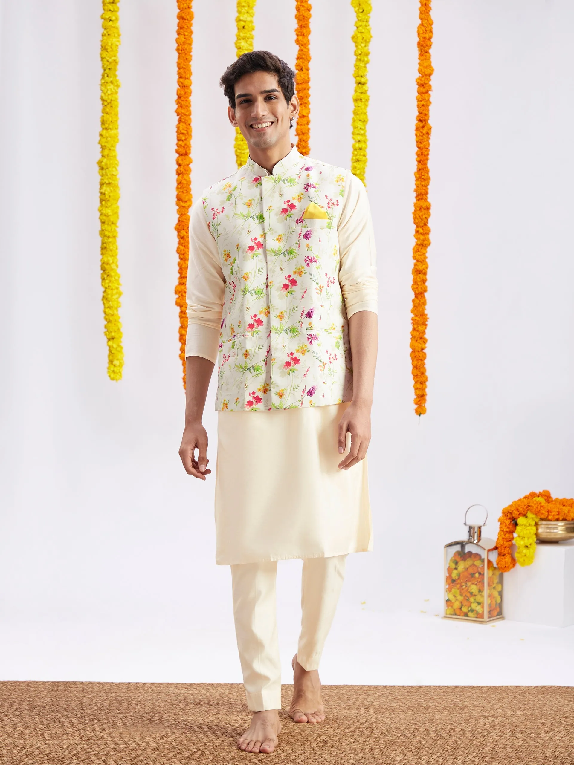 VASTRAMAY Cream Printed Nehru Jacket And Cream Solid Kurta With Pyjama Set