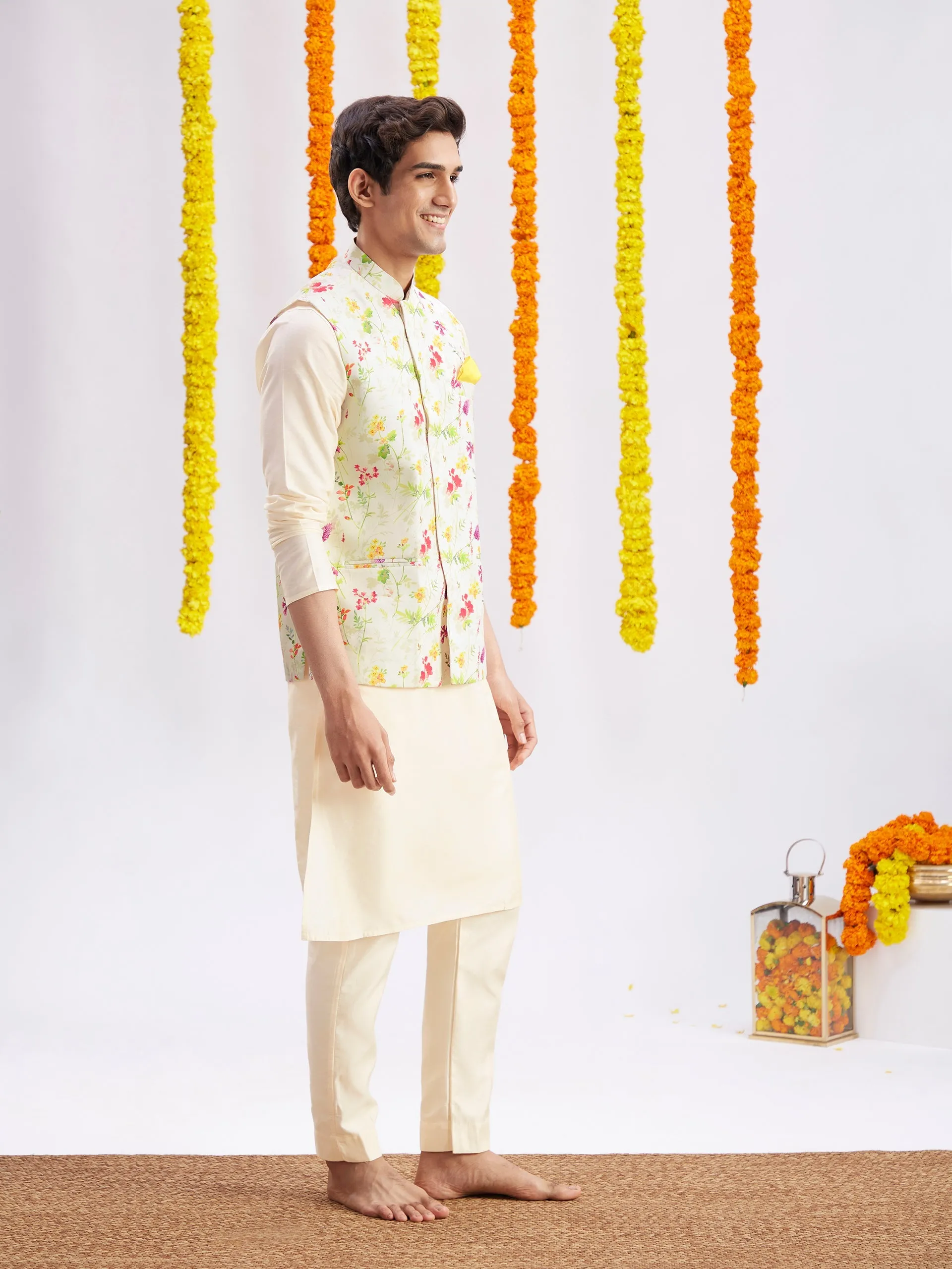 VASTRAMAY Cream Printed Nehru Jacket And Cream Solid Kurta With Pyjama Set