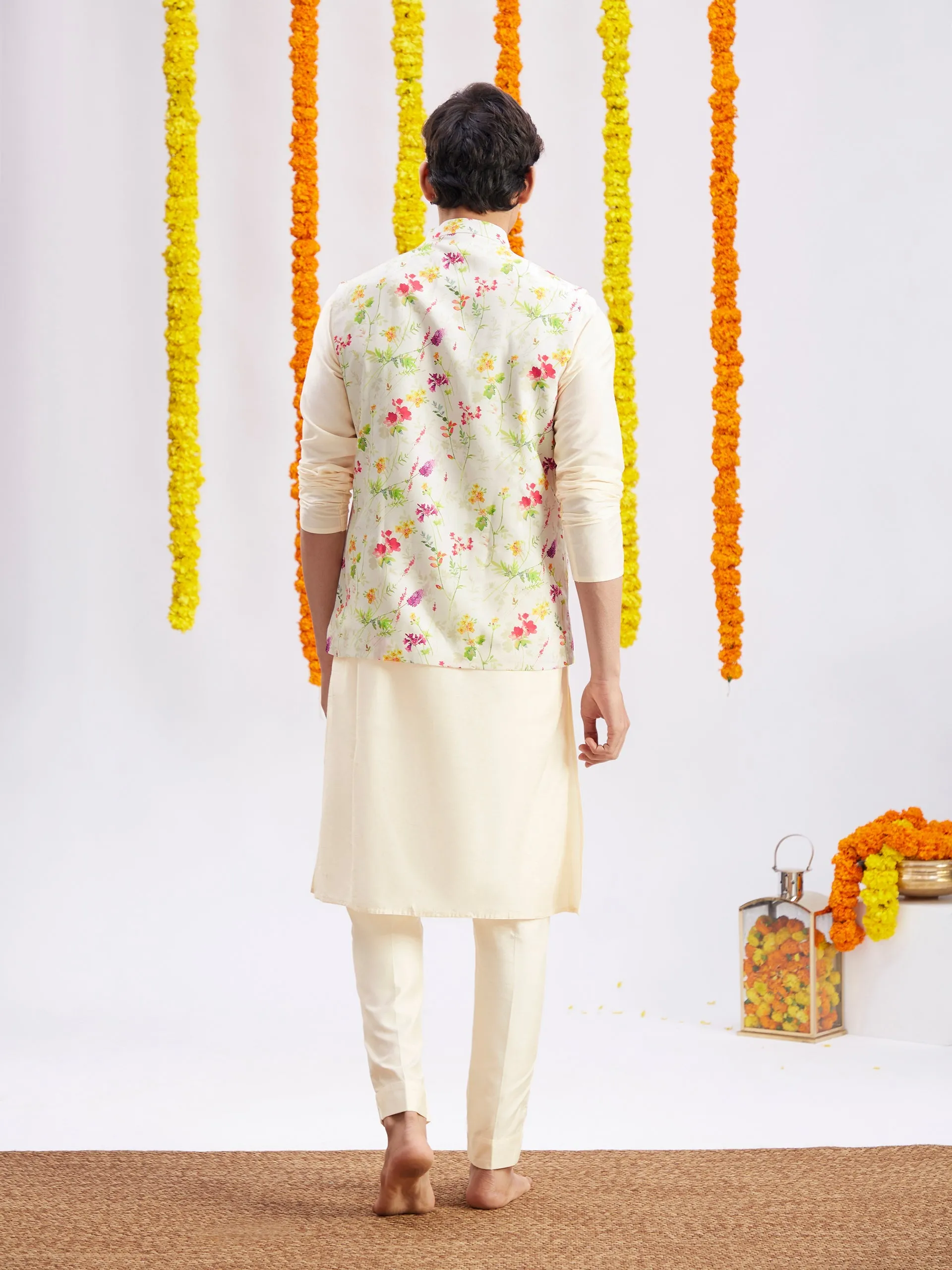 VASTRAMAY Cream Printed Nehru Jacket And Cream Solid Kurta With Pyjama Set