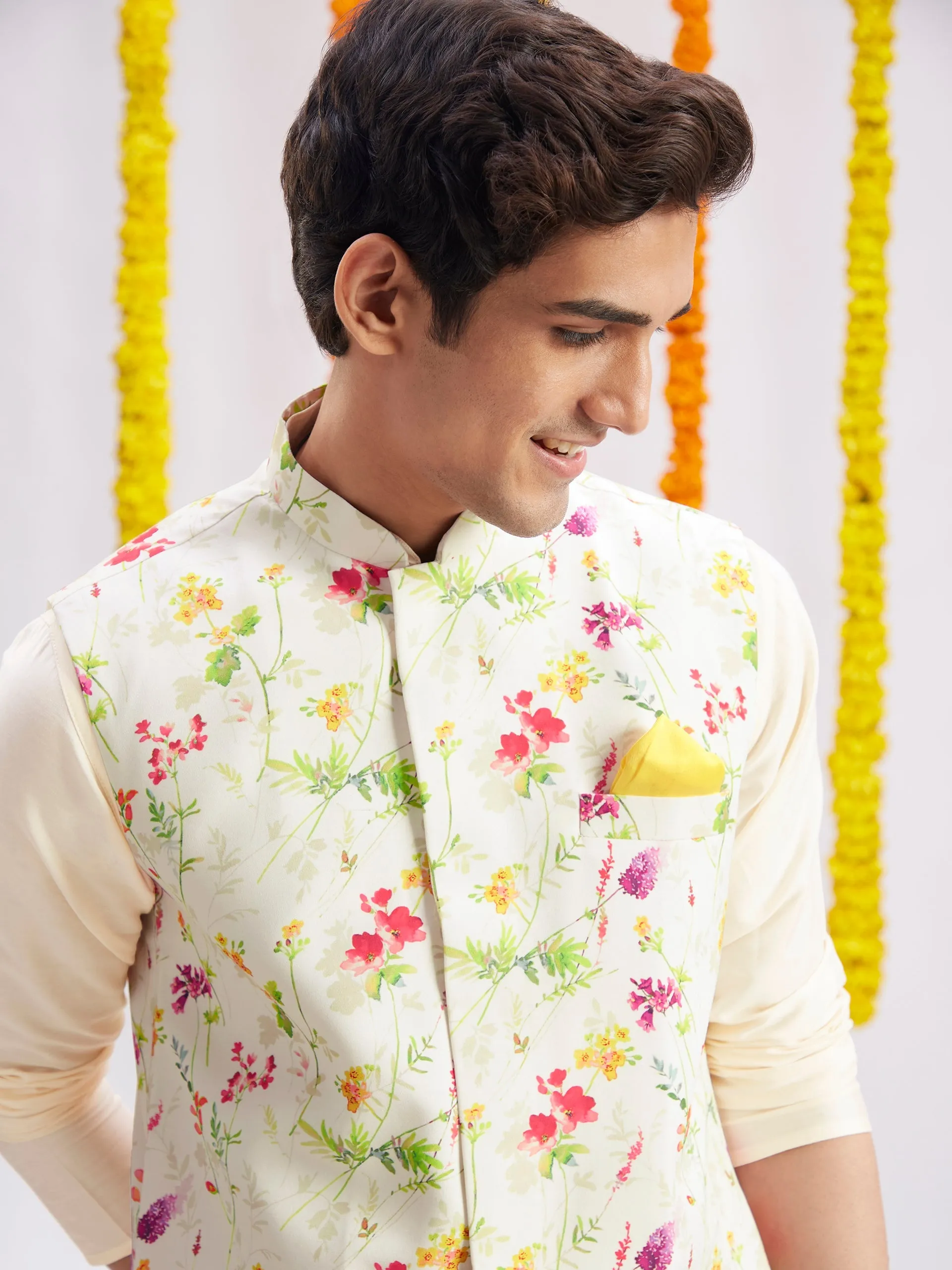 VASTRAMAY Cream Printed Nehru Jacket And Cream Solid Kurta With Pyjama Set