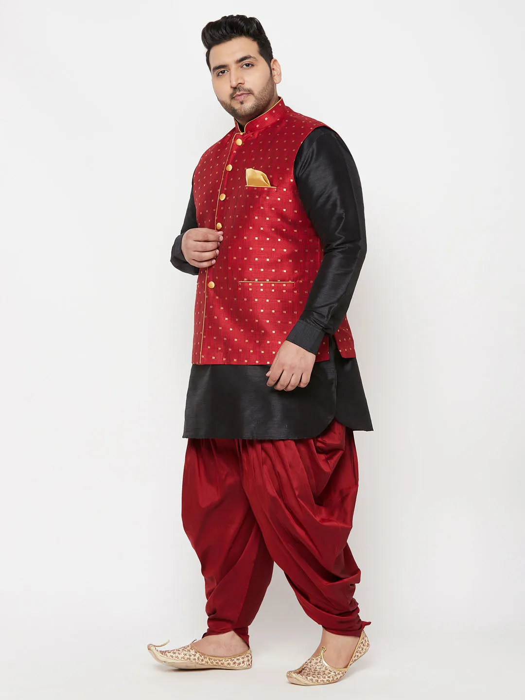 VASTRAMAY Men's Plus Size Gold Zari Weaved Nehru Jacket With Curved Kurta Dhoti set