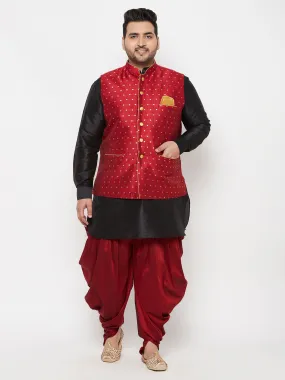 VASTRAMAY Men's Plus Size Gold Zari Weaved Nehru Jacket With Curved Kurta Dhoti set